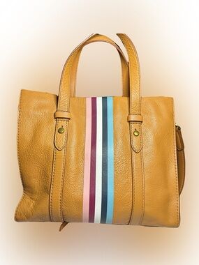 Fossil Mustard Yellow Leather Tote with Multicolor Stripe